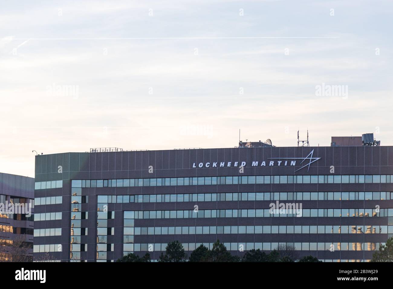 Lockheed Martin sign atop of their office building, Global Vision Center near The Pentagon in Arlington, VR. Stock Photo