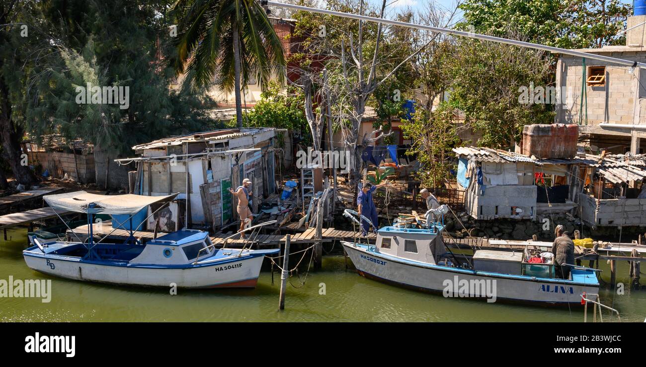 Boats in river viewed from Santy Pescador Restaurant, Jaimanitas, Playa, Havana, Cuba Stock Photo