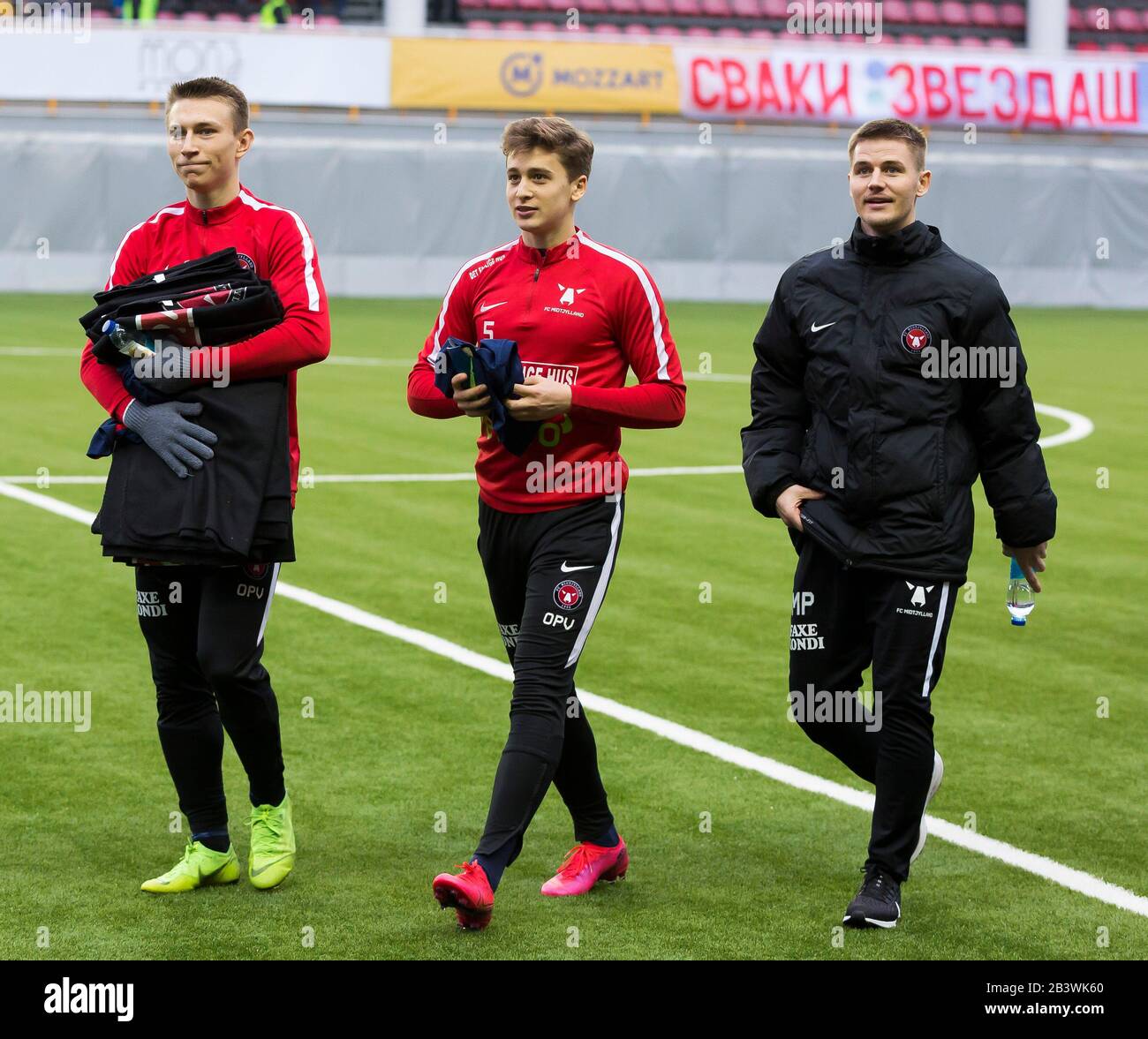 Belgrade, Serbia. 4th Mar, 2020. The players of FC Midtjylland enter on the pitch. Credit: Nikola Krstic/Alamy Live News Stock Photo