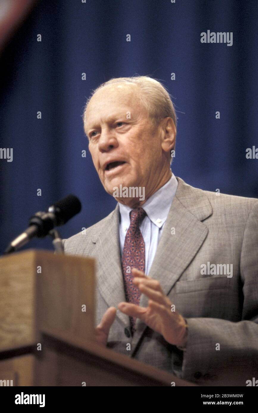 Austin, Texas USA: Former president Gerald R. Ford speaks at the LBJ Presidential Library. ©Bob Daemmrich Stock Photo