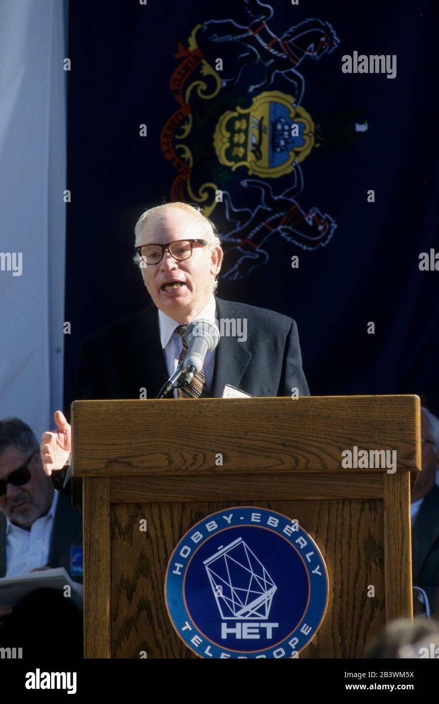 West Texas, 1997: University of Texas physicist Steven Weinberg speaks at the dedication of the University of Texas' Hobby-Eberly telescope. ©Bob Daemmrich Stock Photo