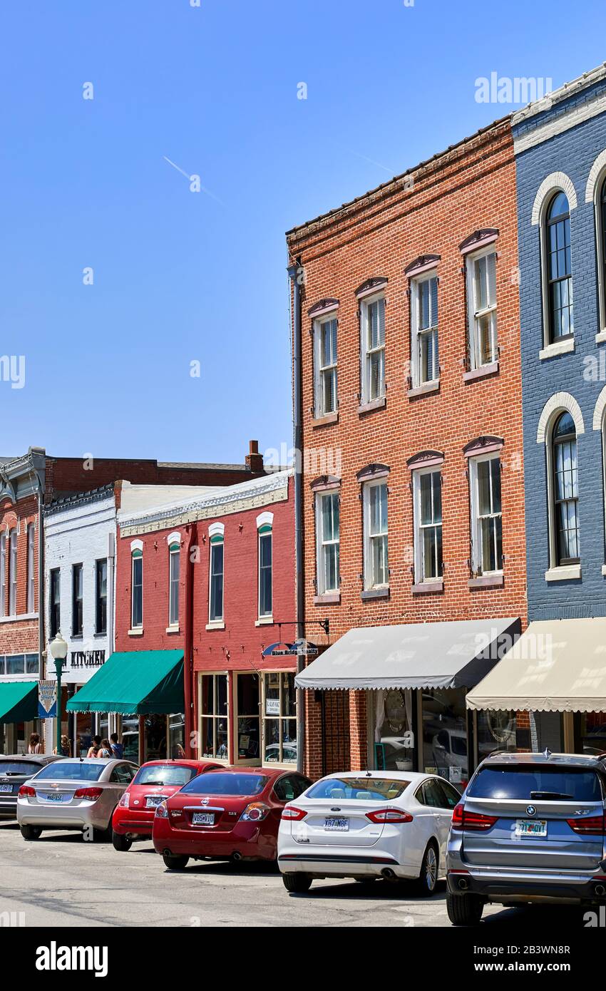 Old store fronts on Main Street in the historic old town of Weston, MO