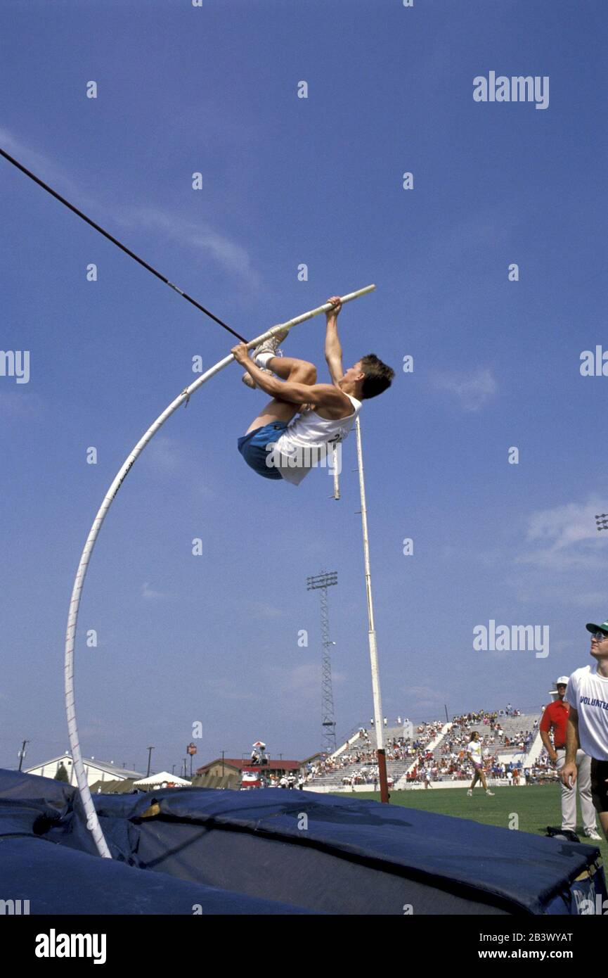 San Antonio, Texas USA Male teen competing in the pole vault at AAU