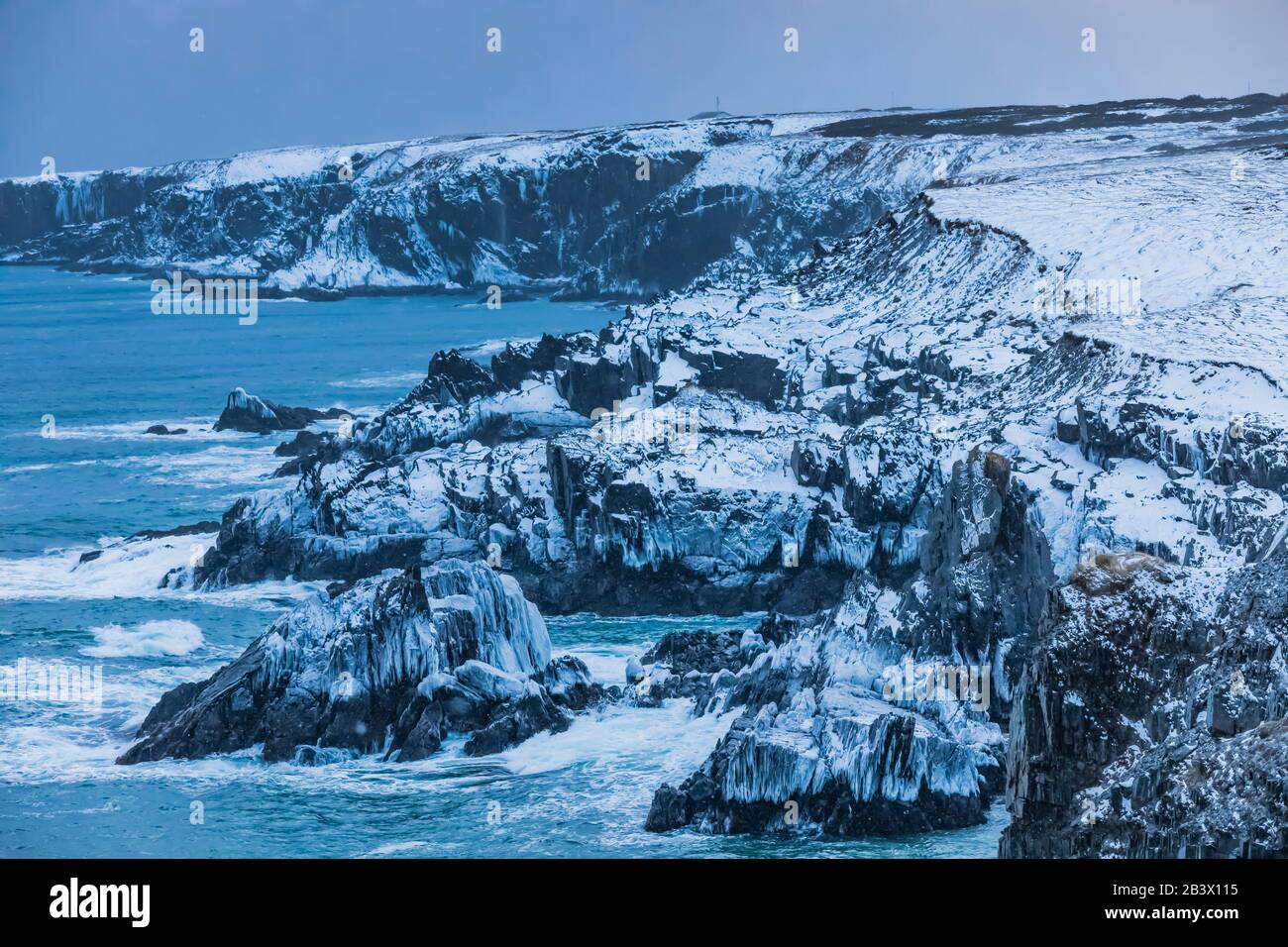 Ice on the rocks at Cape Race on the Avalon Peninsula, Newfoundland, Canada Stock Photo