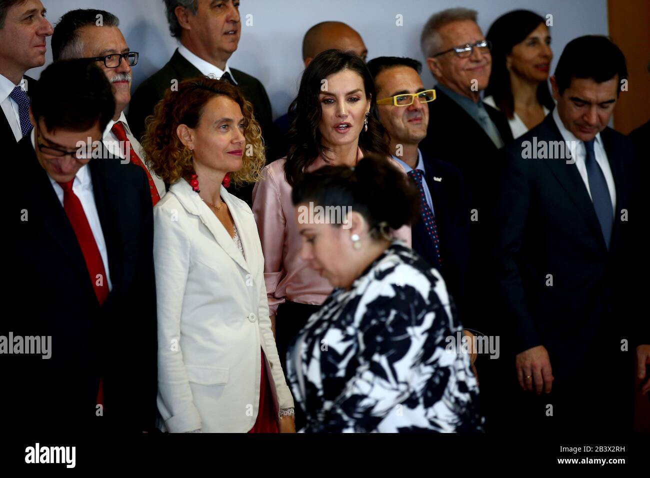 Madris, spain, 05/03/2020.- Queen Letizia observes Elena Lorenzo, mother of Montse with a rare degenerative metabolic disease that moved him with her phrase and attitude when presenting the ceremony. Queen of Spain Letizia, together with the Minister of Health, Salvador Illa, presides over the central act of World Rare Disease Day, which is celebrated with the motto 'Grow with you, our hope'. In the city of BBVA in Madrid with the assistance of the president of the Congress, Meritxell Batet; the Spanish Federation of Rare Diseases (Feder in Spanish), Juan Carrión, and that of BBVA, Carlos Torr Stock Photo