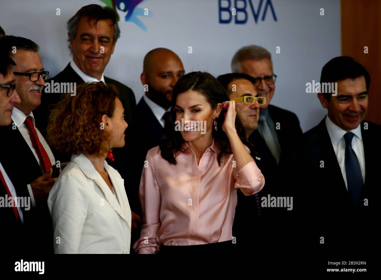 Madris, spain, 05/03/2020.- Queen Letizia and Meritxell Batet president of the Spanish parliament. president Queen of Spain Letizia, together with the Minister of Health, Salvador Illa, presides over the central act of World Rare Disease Day, which is celebrated with the motto 'Grow with you, our hope'. In the city of BBVA in Madrid with the assistance of the president of the Congress, Meritxell Batet; the Spanish Federation of Rare Diseases (Feder in Spanish), Juan Carrión, and that of BBVA, Carlos Torres. On Feder's 20th anniversary, the queen wanted to recognize the work of the 368 associat Stock Photo