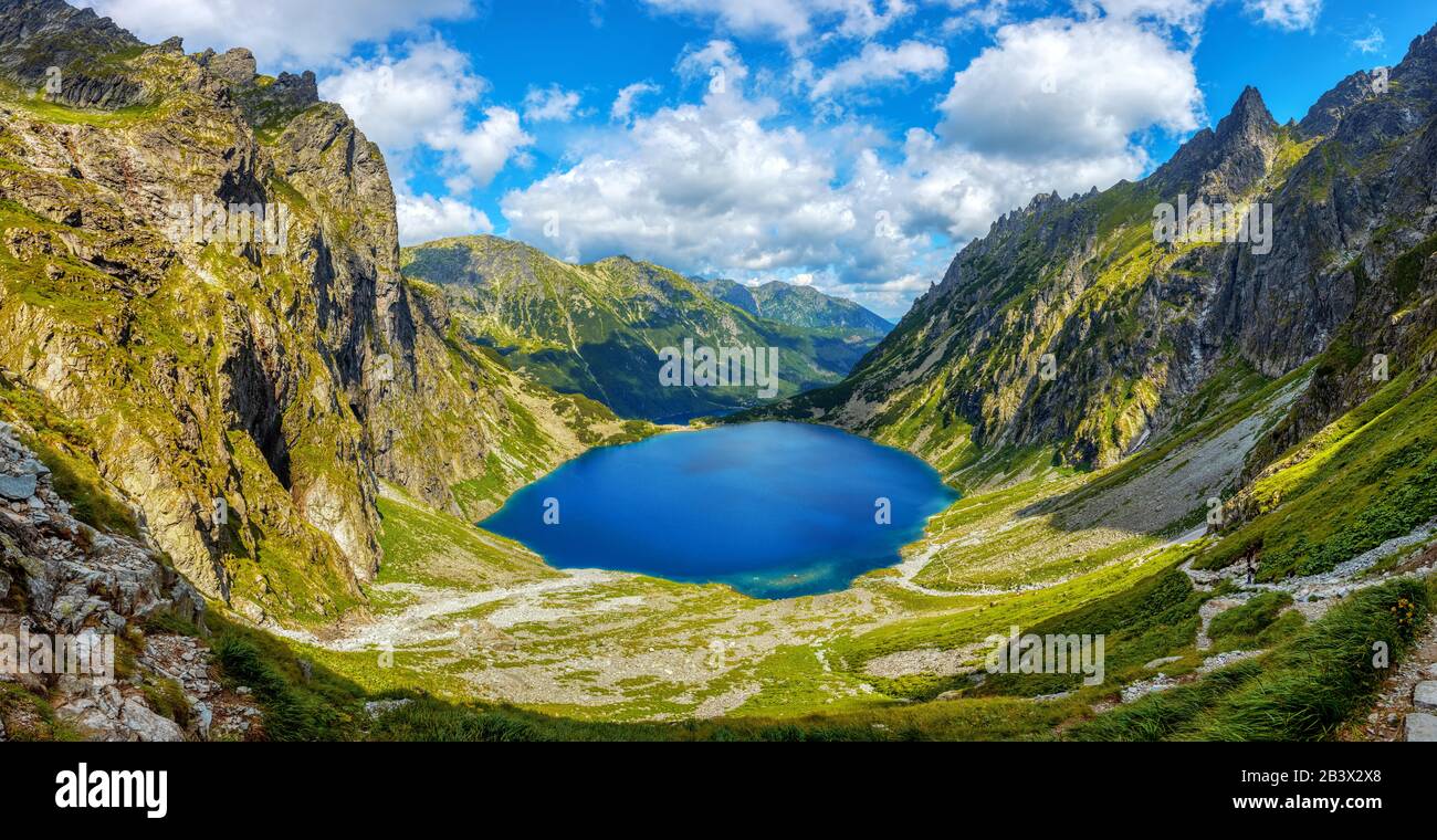 Panoramic view of two lakes, Morskie Oko and Black lake, in polish Tatra mountains in Zakopane, Poland Stock Photo