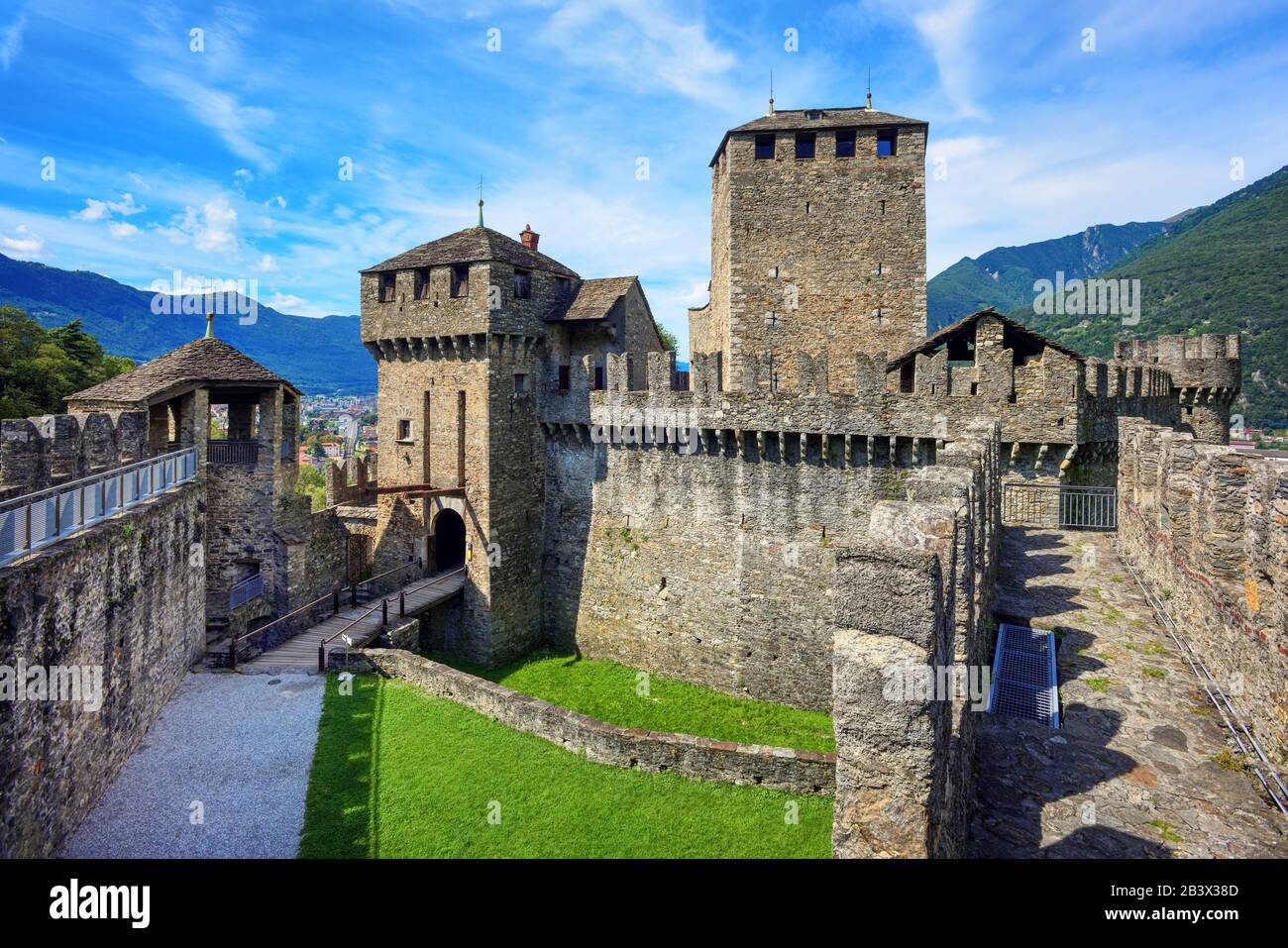Medieval Montebello castel in Bellinzona Old town, canton Tessin, swiss Alps mountains, Switzerland Stock Photo