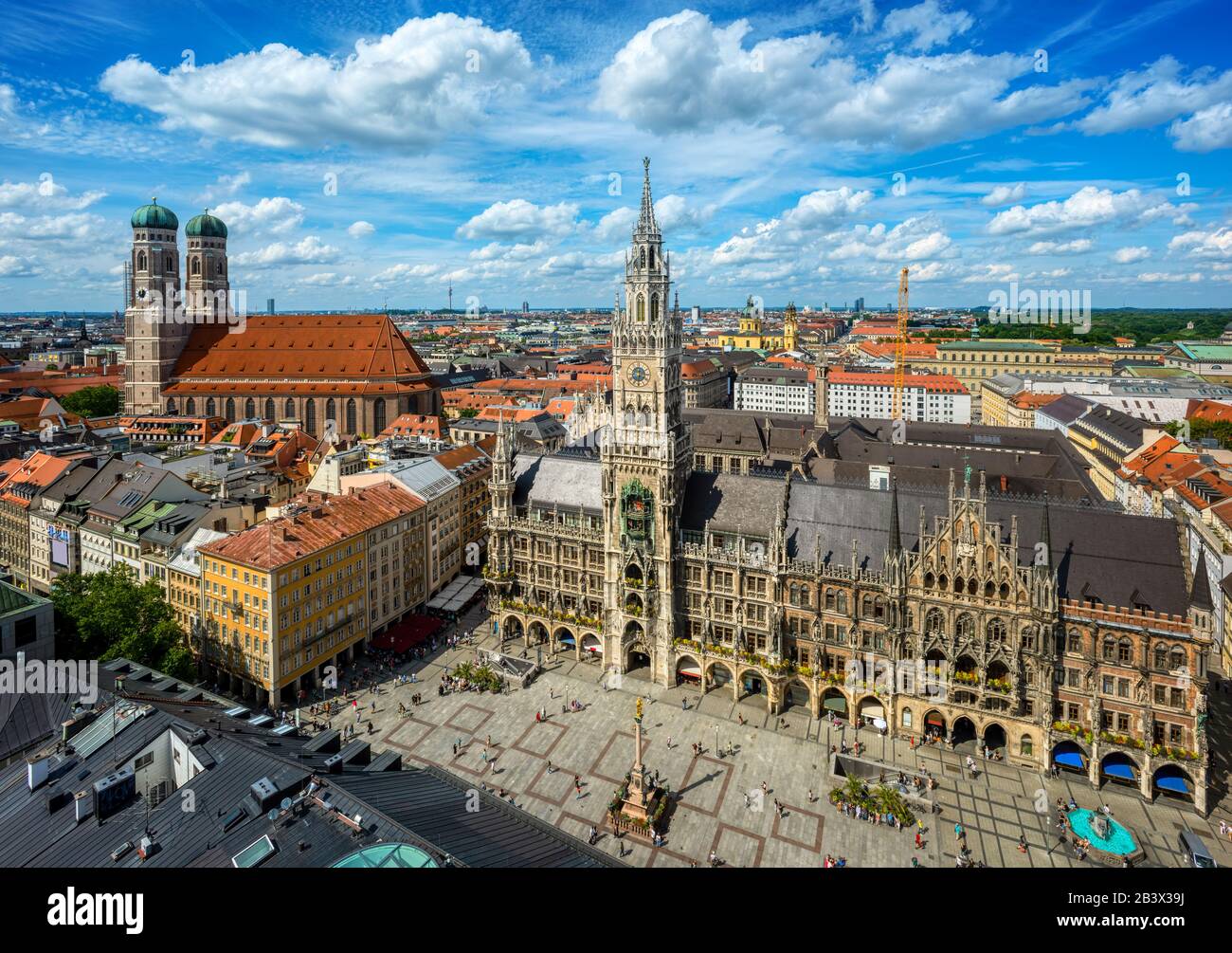 Munich city, Germany, view of the Marienplatz central square, New Town Hall building and the Cathedral Stock Photo