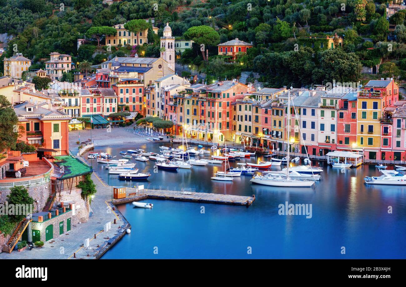 Portofino, Italy, a picturesque fishing village with colorful houses and a small harbor on italian Riviera near Genoa city, is a popular tourist desti Stock Photo