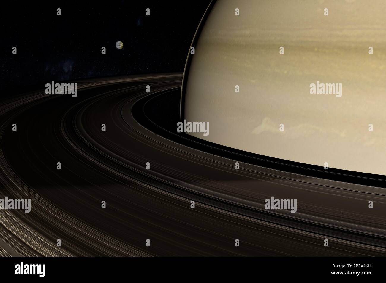 Dione, Saturn's moon, orbiting around Saturn planet. 3d render Stock Photo