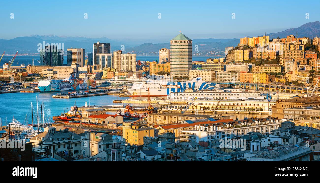 Genoa, Italy - 8 October 2019: Port of Genoa city in Liguria, Italy, is one of the largest ports in Mediterranean sea and the biggest in Italy Stock Photo