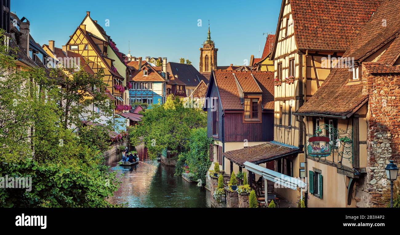 Panoramic cityscape of La Petite Venise in Colmar medieval Old town in Alsace, France Stock Photo