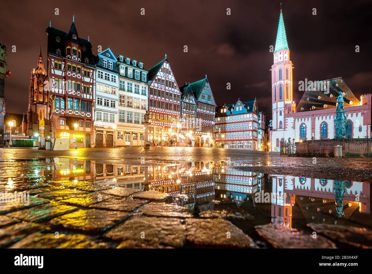 Roemerberg, the medieval Old town of Frankfurt on Main city, Germany, at night Stock Photo