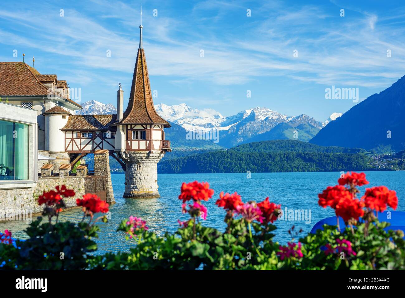Oberhofen castle on Lake Thun in Bernese Highlands Alps mountains, Canton Bern, Switzerland, in spring time Stock Photo