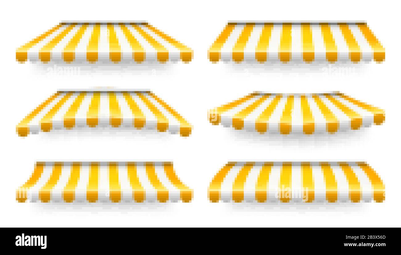 Shop sunshade. Realistic striped cafe awning. Outdoor market tent. Roof ...