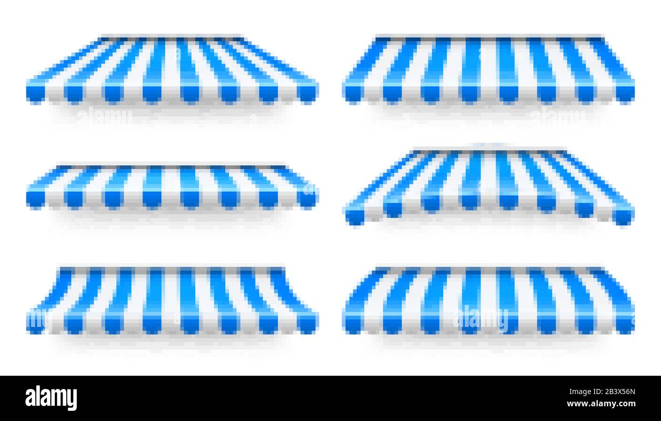 Shop sunshade. Realistic striped cafe awning. Outdoor market tent. Roof ...