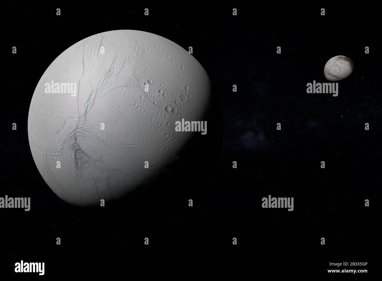 Enceladus and Iapetus moons orbiting in the outer space. 3d render Stock Photo