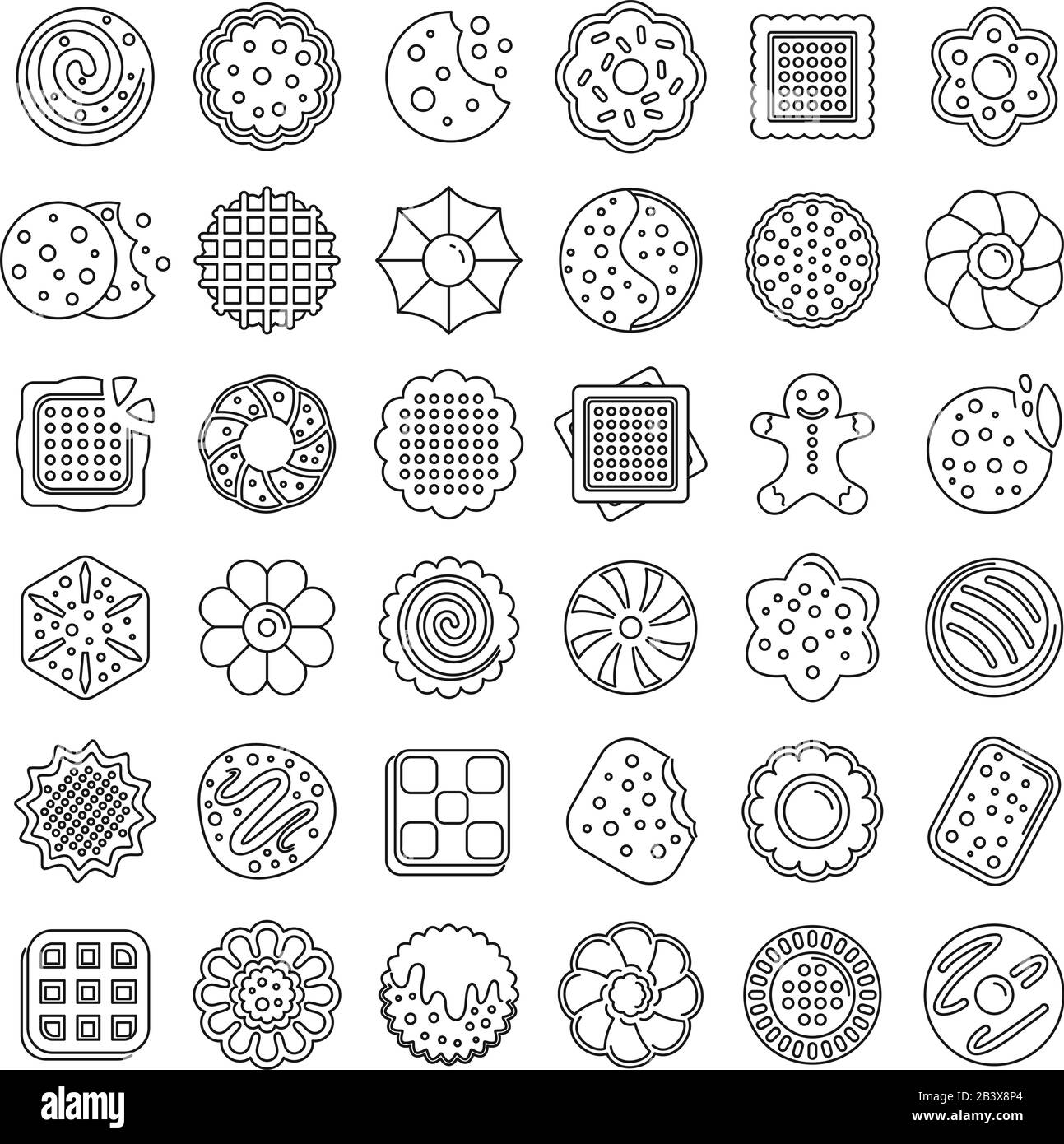 Biscuit icons set. Outline set of biscuit vector icons for web design isolated on white background Stock Vector