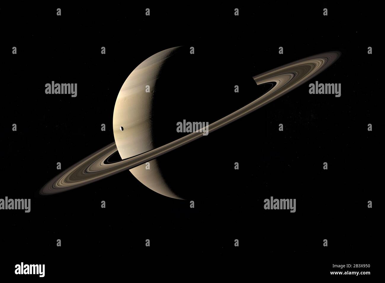 Satellite Janus orbiting around Saturn planet in the outer space. 3d render Stock Photo