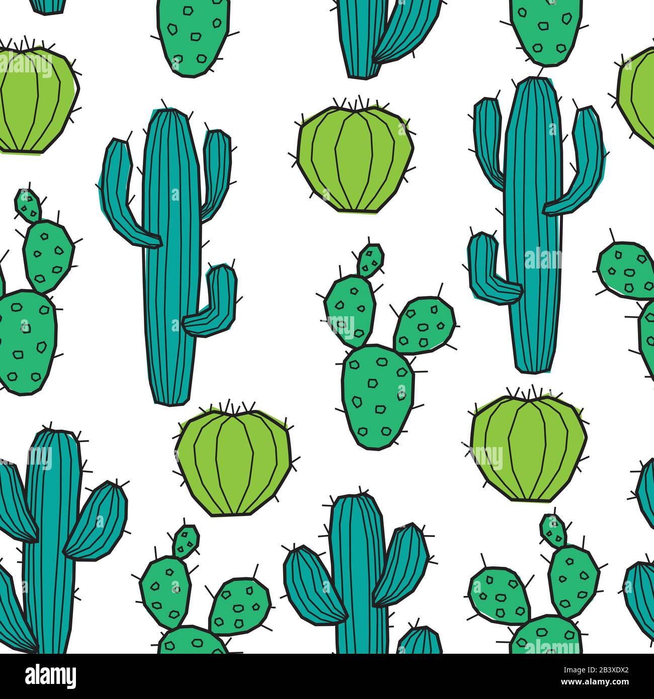 Cartoon seamless background with cactus pattern colored or black and white. Stock Vector
