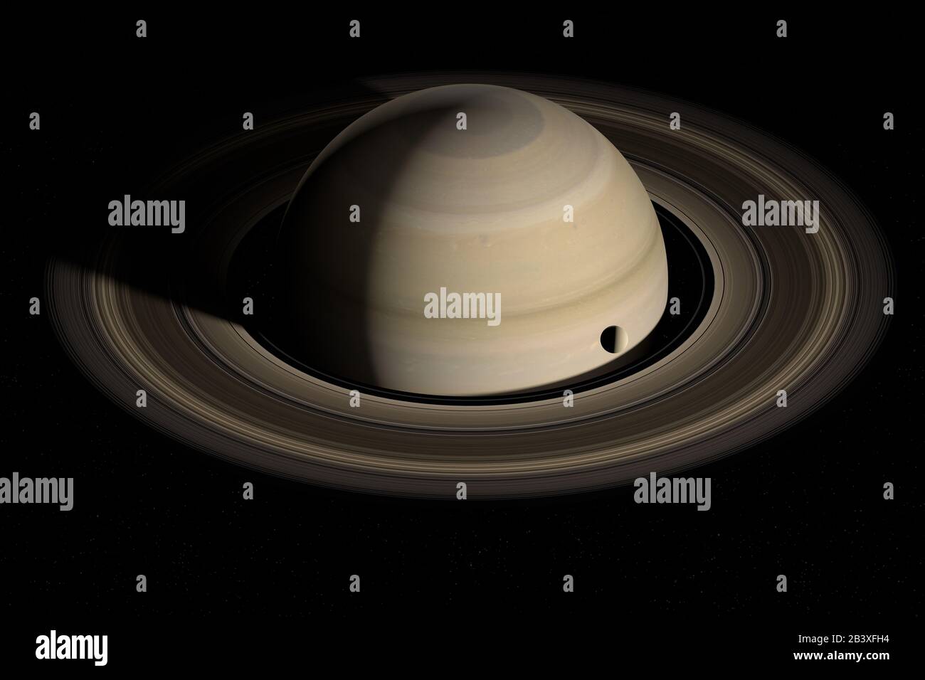 Moon orbiting around Saturn planet. 3d render Stock Photo