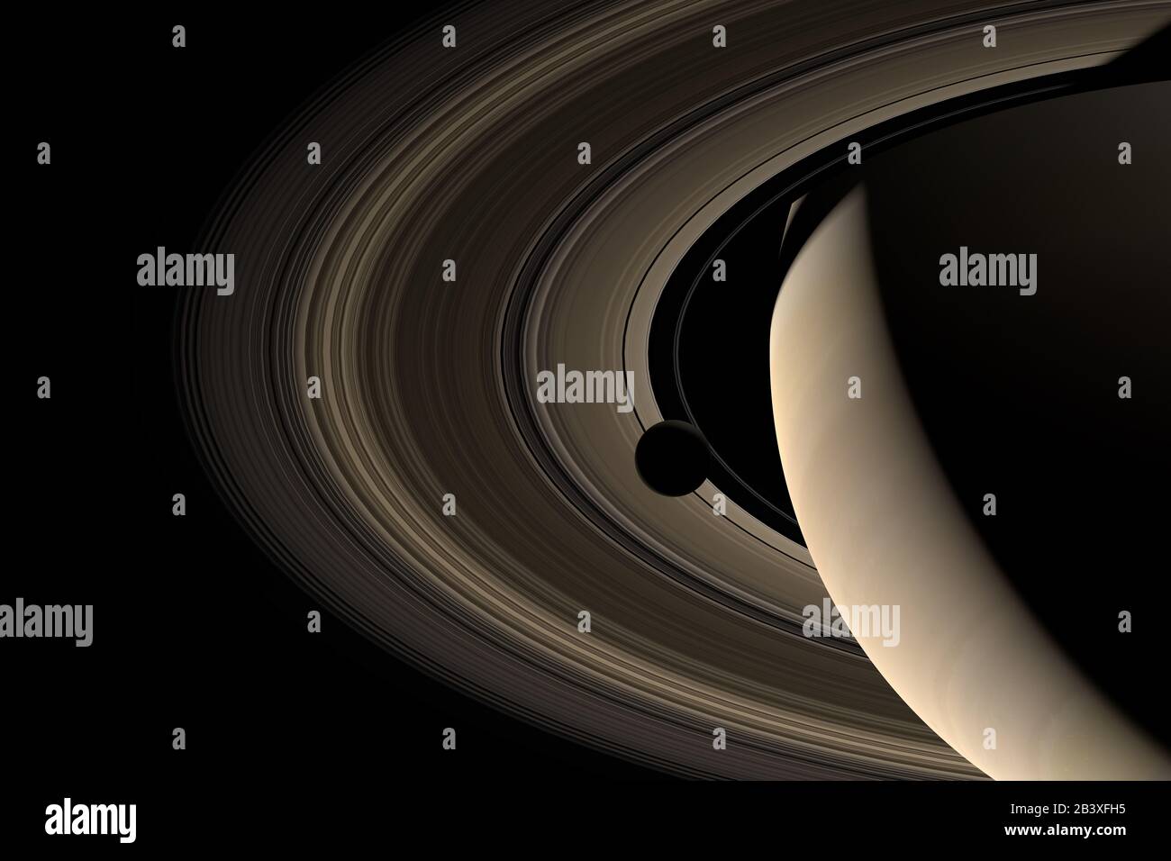 Moon orbiting around the Saturn planet. 3d render Stock Photo