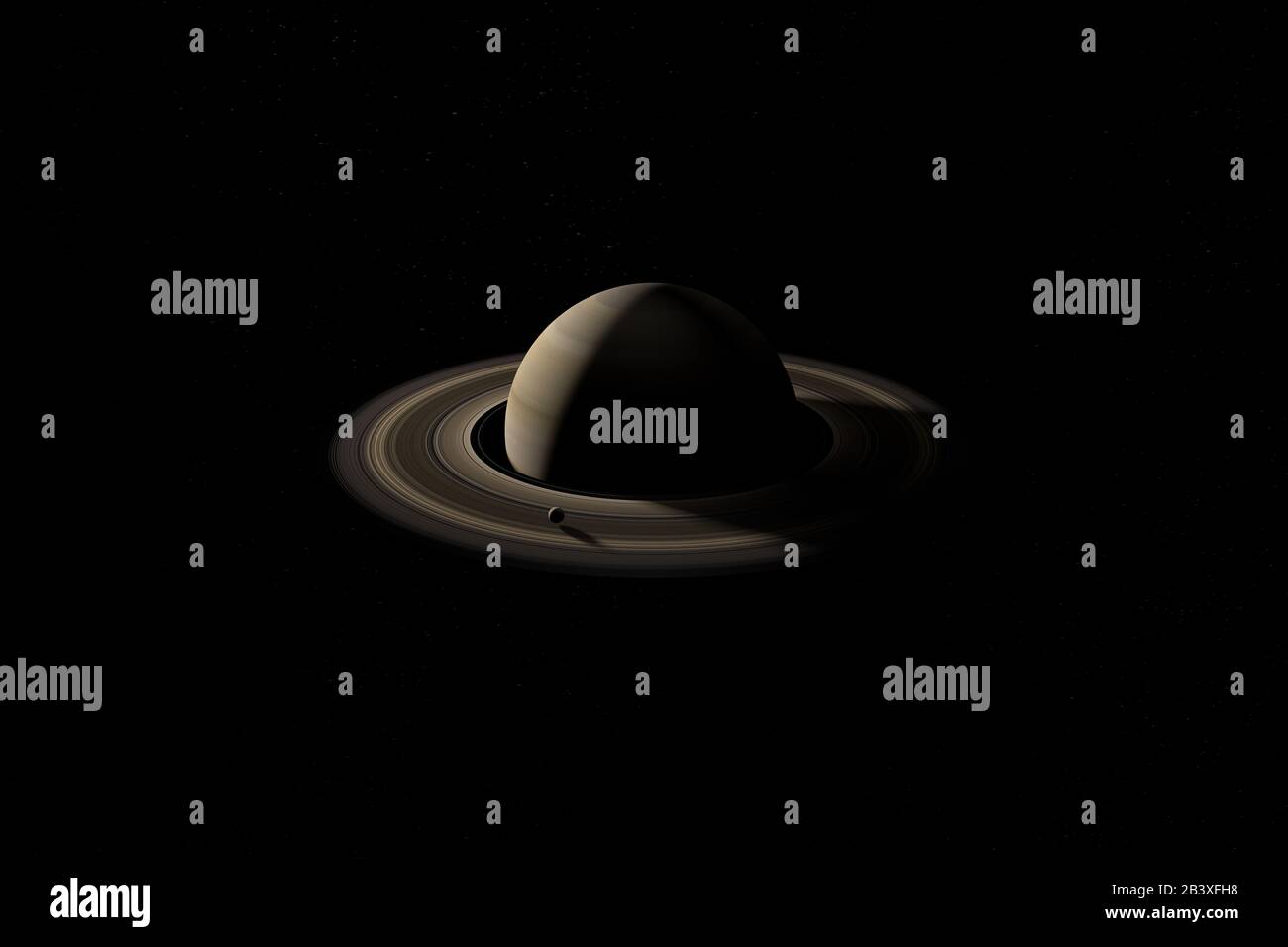 Satellite or moon orbiting over rings of planet Saturn. 3d render Stock Photo