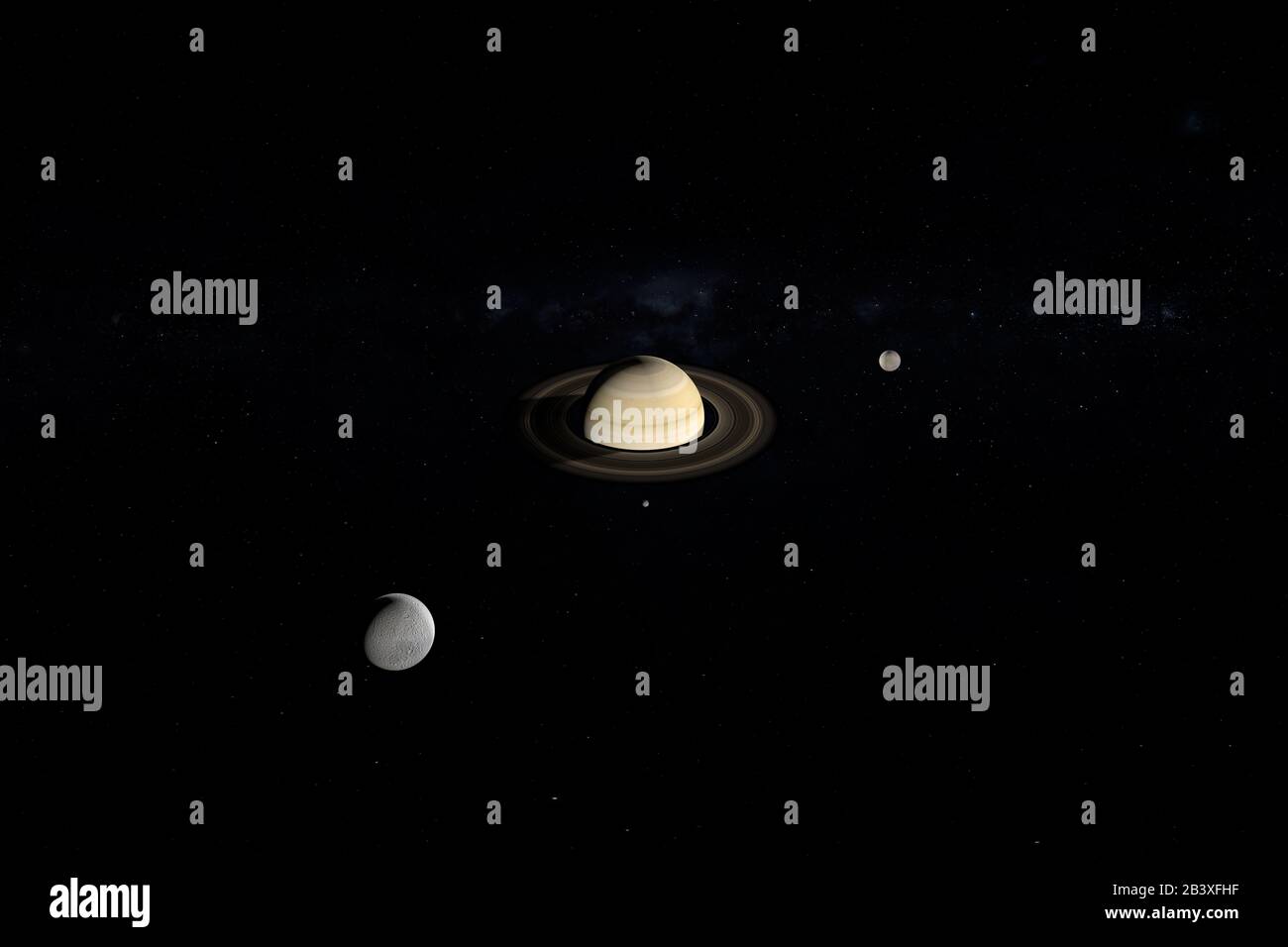 Tethys, Mimas and Enceladus orbiting around Saturn planet. 3d render Stock Photo