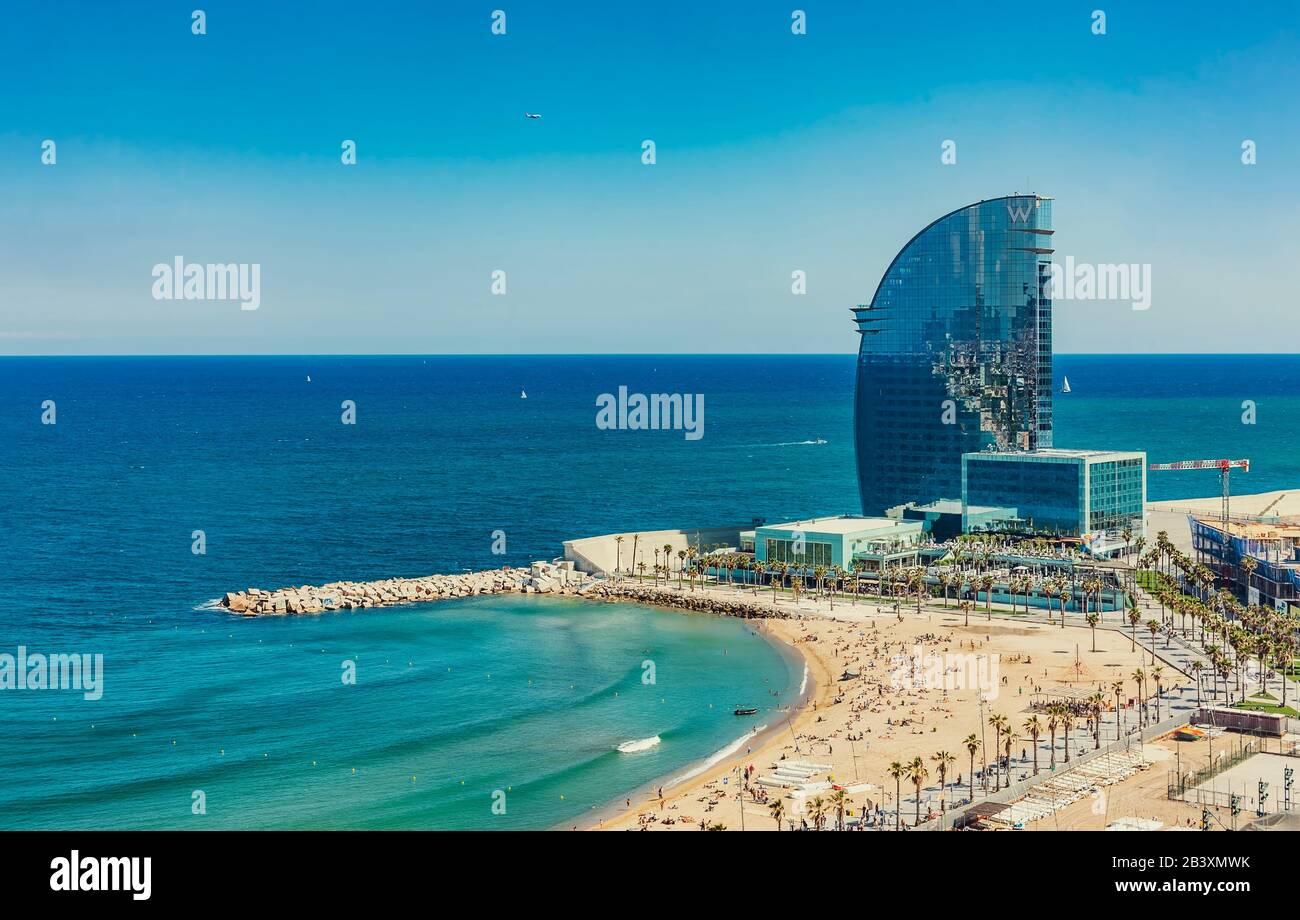 Airview of the beach Barceloneta beach in Barcelona Spain Stock Photo ...