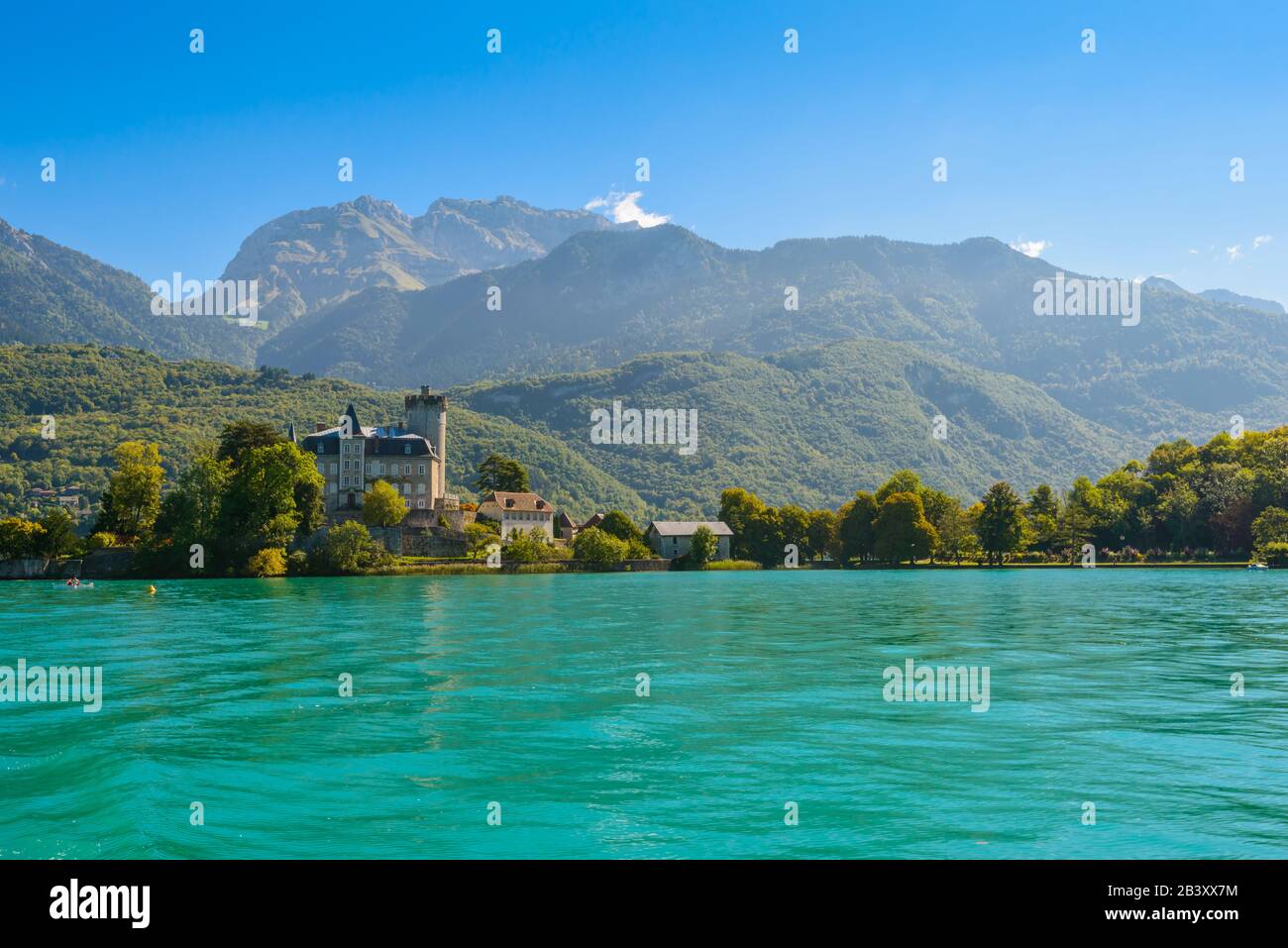 Château de Duingt located on a small island on Lake Annecy connected by a causeway to the mainland in the village of Duingt, France. Stock Photo