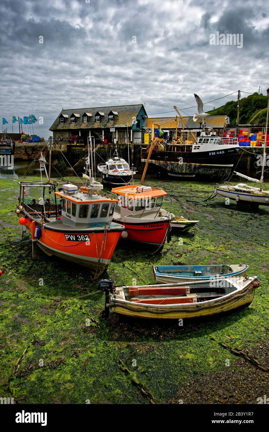Mevagissey whose name in Cornish is Lannvorek, is a village and fishing port and civil parish in Cornwall, England. Stock Photo