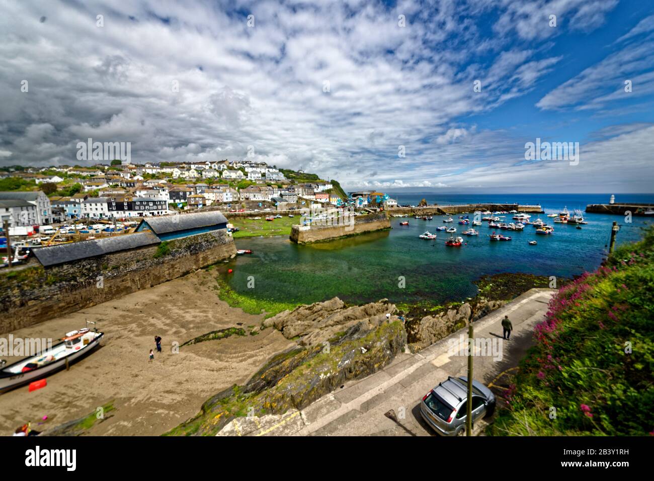 Mevagissey whose name in Cornish is Lannvorek, is a village and fishing port and civil parish in Cornwall, England. Stock Photo