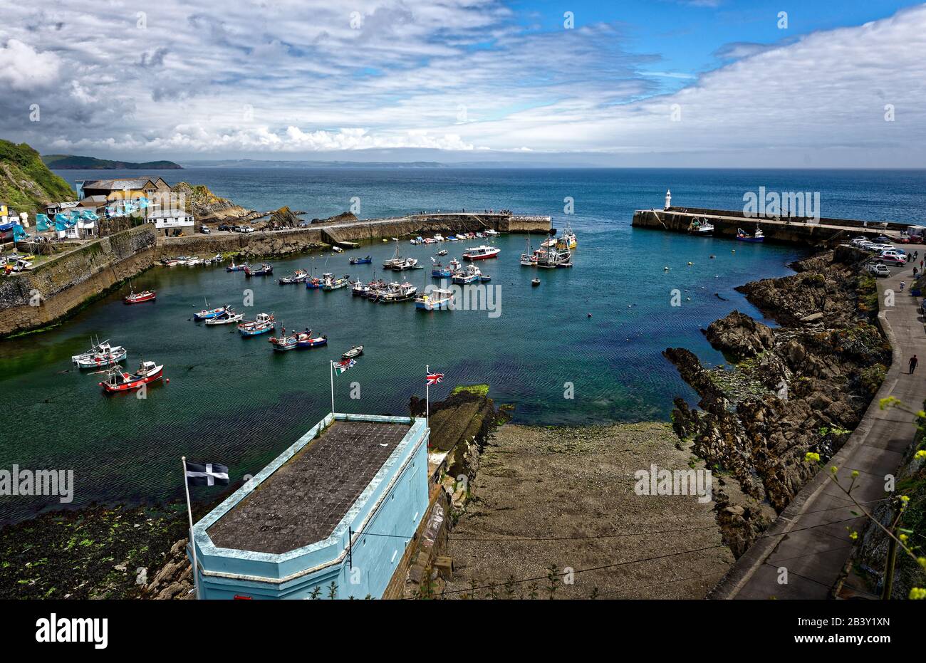 Mevagissey whose name in Cornish is Lannvorek, is a village and fishing port and civil parish in Cornwall, England. Stock Photo