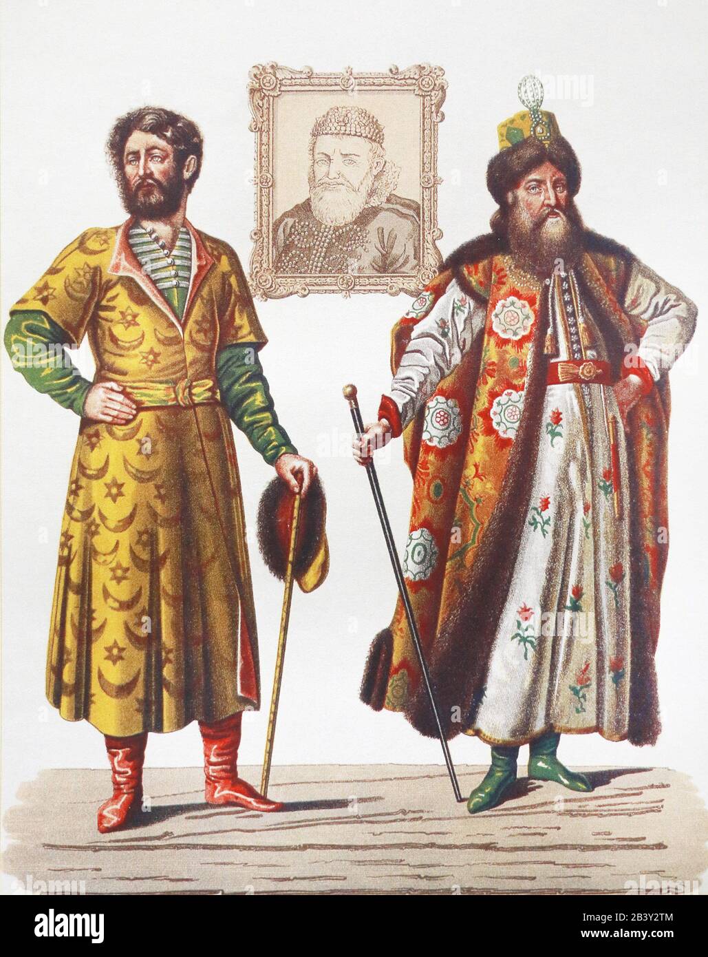 Clothing of Russian boyars of the 16-17th centuries. Painting by F. Solntsev, 19th century. Stock Photo