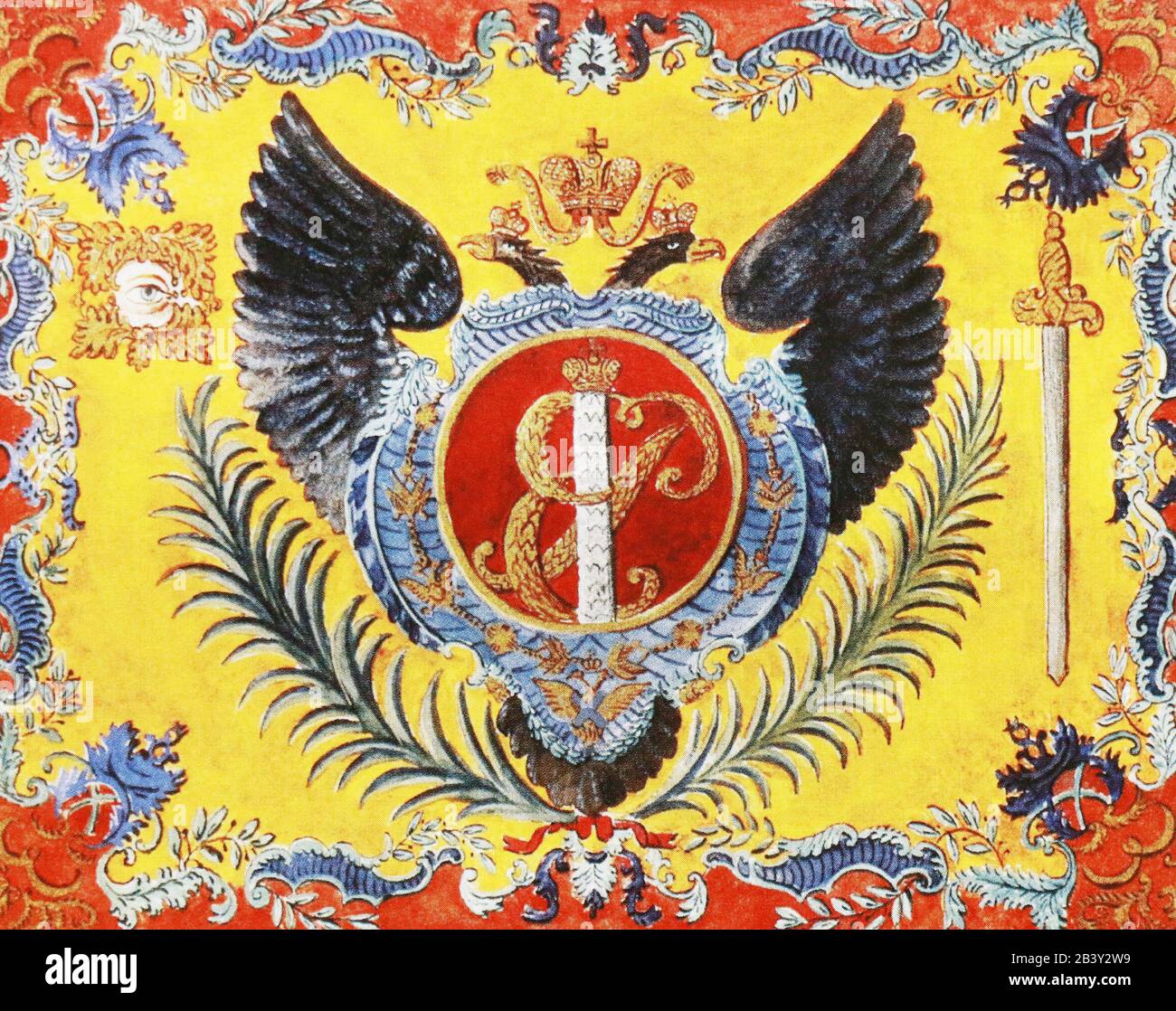 Double-headed eagle on the company banner of the Life Guards company of the Preobrazhensky Regiment in the 18th century. Stock Photo