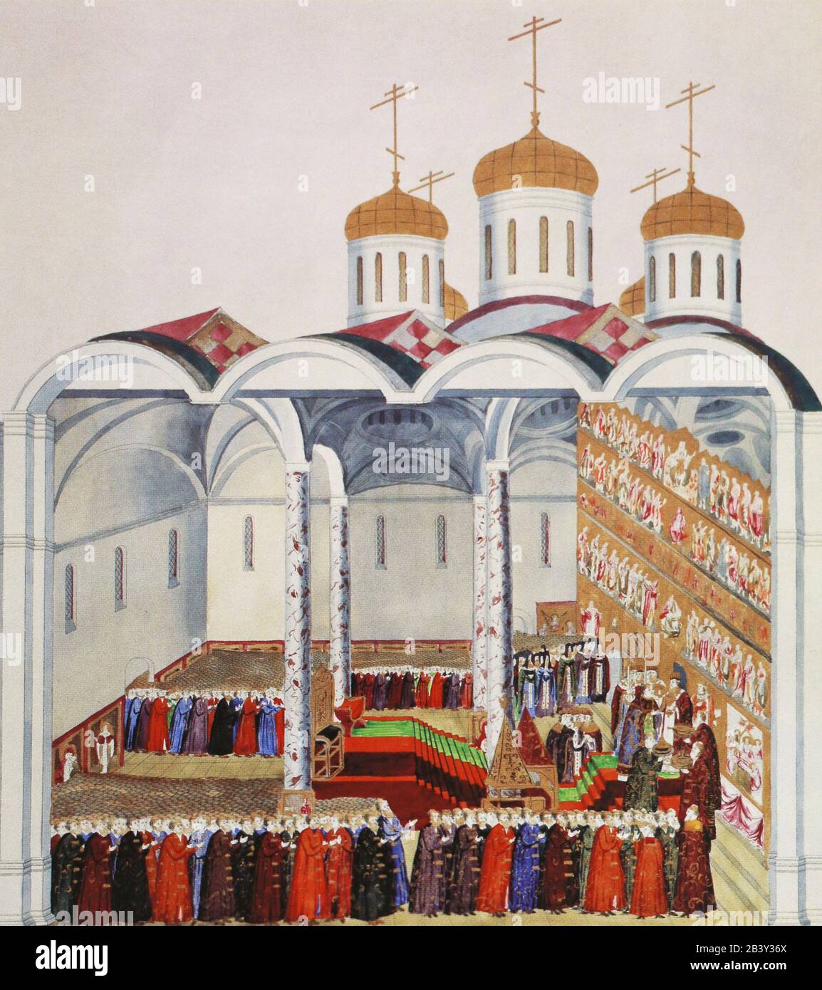Metropolitan Ephraim in the Royal Gates anoints the Russian Tsar Mikhail Fedorovich on July 11, 1613. Painting of the 17th century. Stock Photo