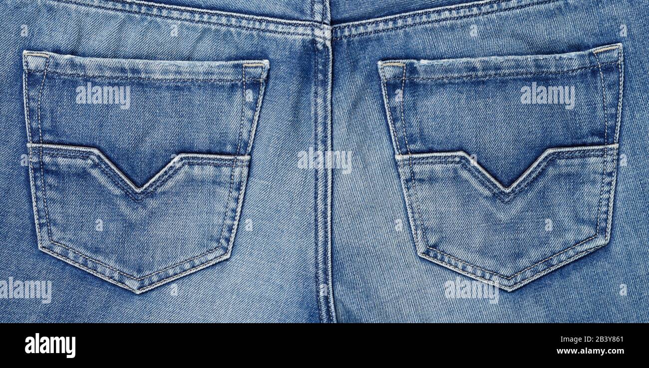 Backside denim blue jean texture with pocket. Stock Photo