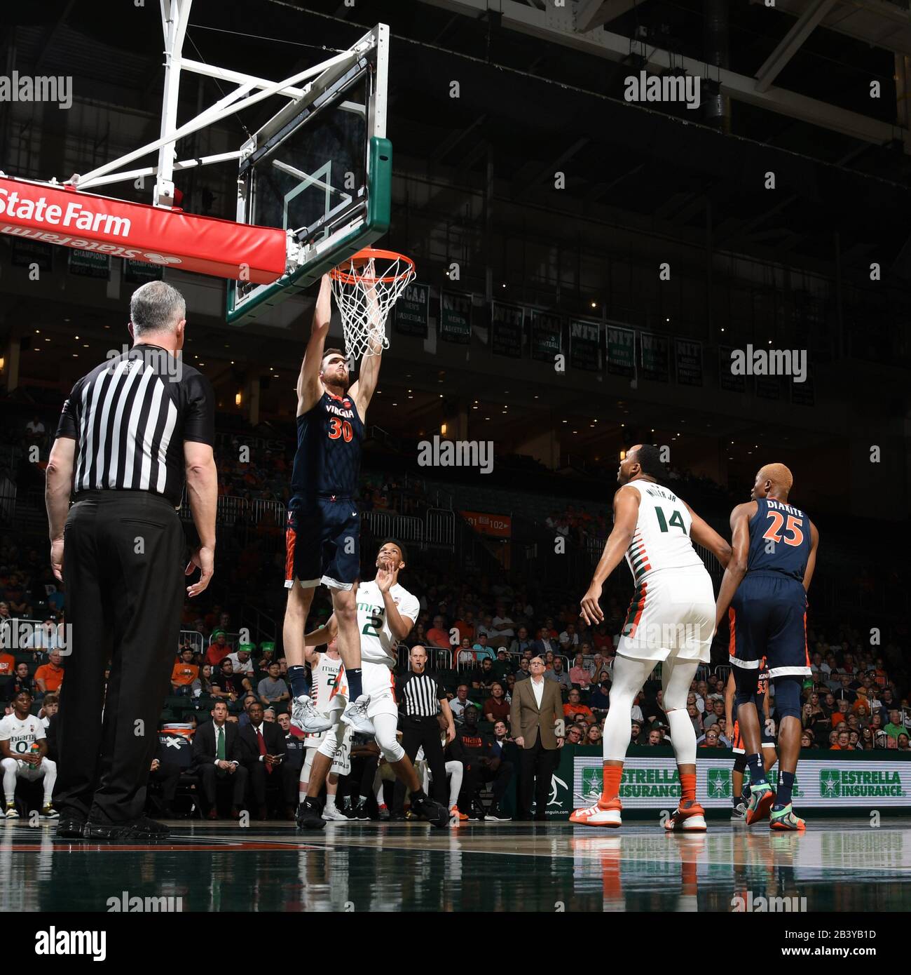 March 4, 2020: Jay Huff #30 of Virginia in action during the NCAA basketball game between the Miami Hurricanes and the Virginia Cavaliers in Coral Gables, Florida. The Cavaliers defeated the 'Canes 46-44. Stock Photo