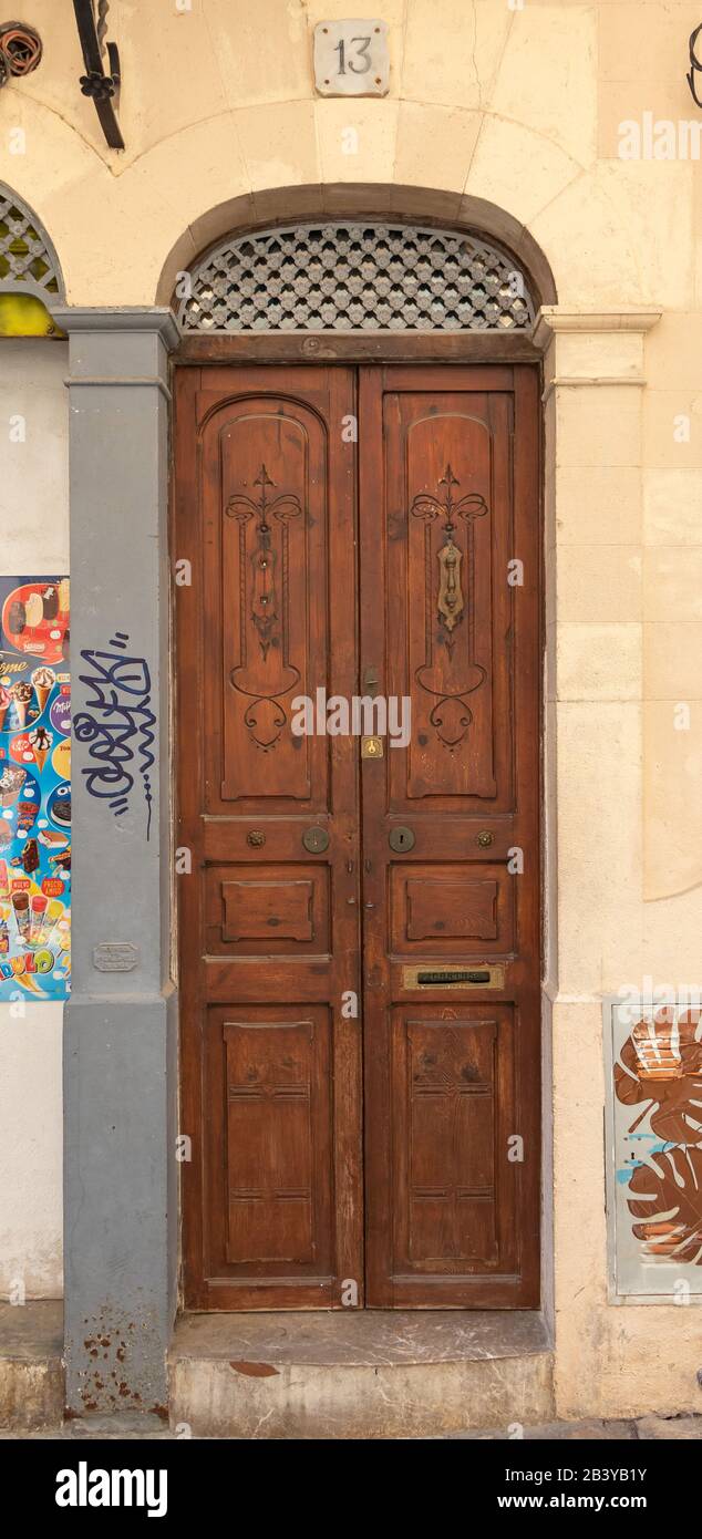 historic brown wooden door in the old center city of Palma, Mallorca Stock Photo