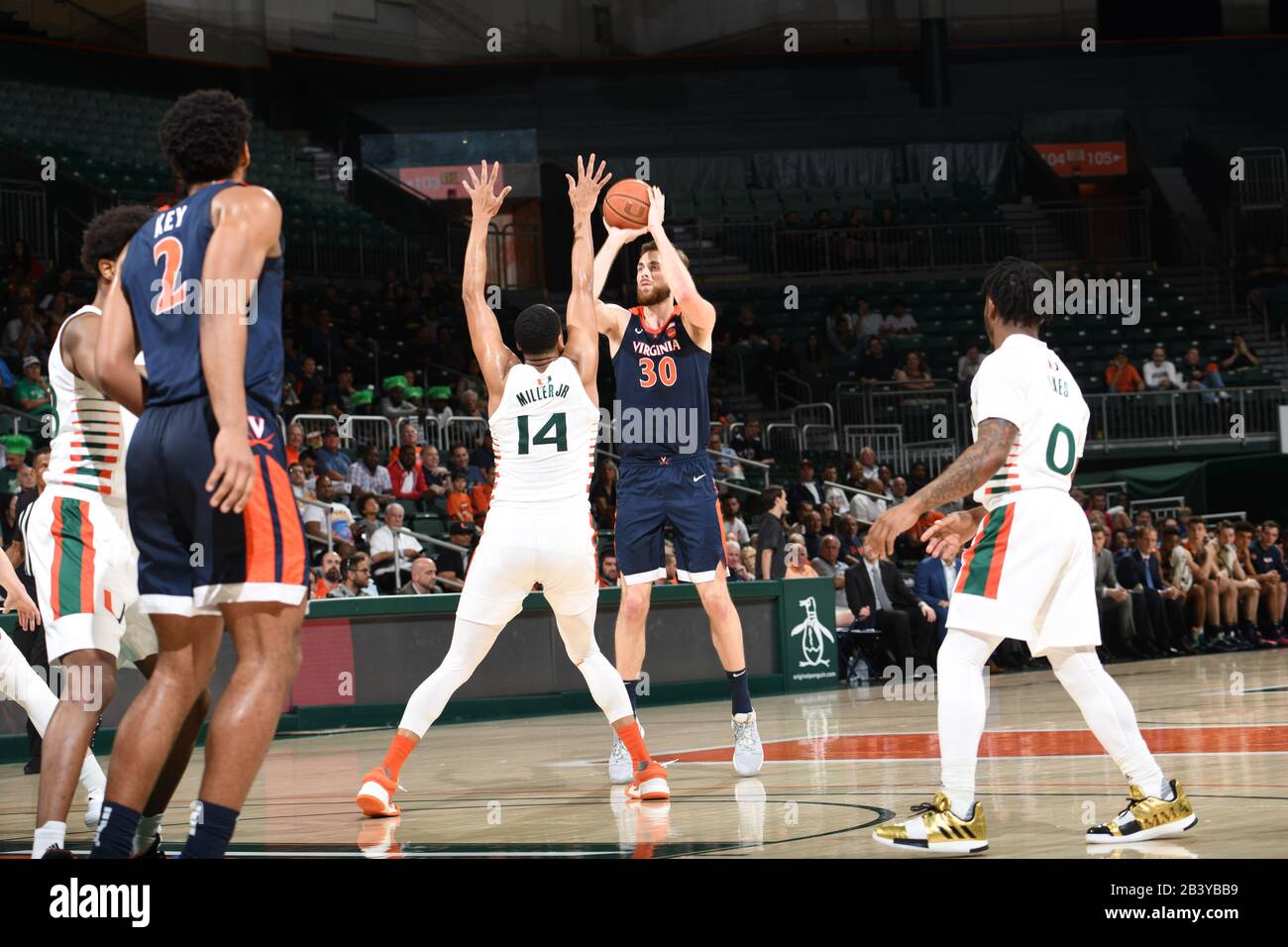 March 4, 2020: Jay Huff #30 of Virginia in action during the NCAA basketball game between the Miami Hurricanes and the Virginia Cavaliers in Coral Gables, Florida. The Cavaliers defeated the 'Canes 46-44. Stock Photo