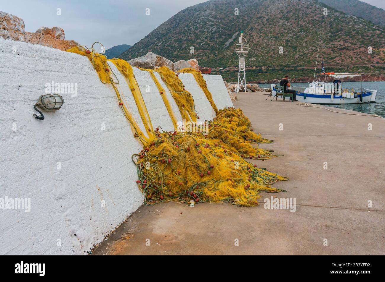 Bali, Crete, Greece -10.09.2019 - fishing nets on the pier Stock Photo