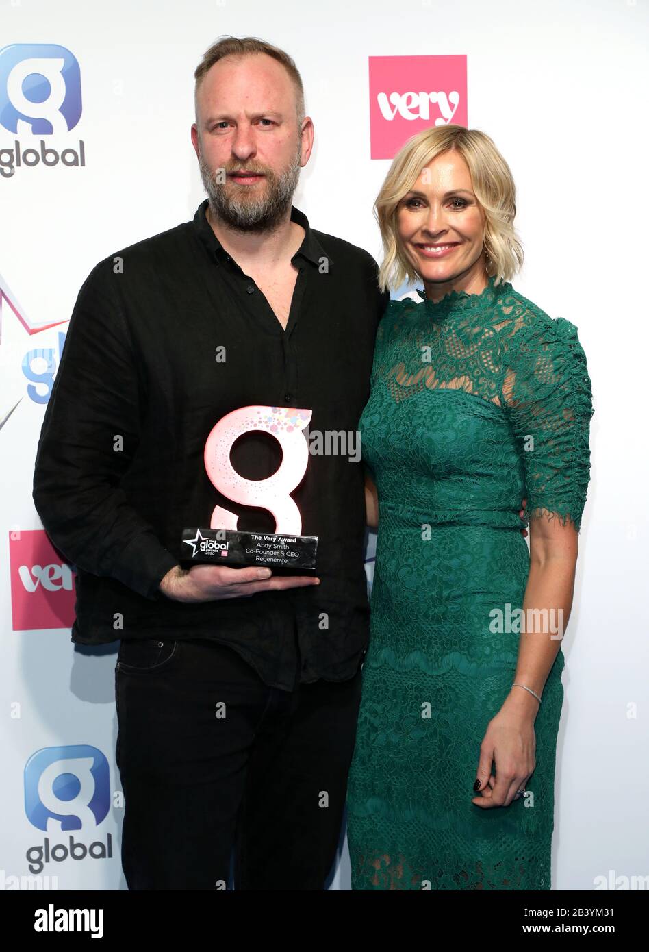 Jenni Falconer (right) with Andy Smith winner of The Very Award at The Global Awards 2020 with Very.co.uk at London's Eventim Apollo Hammersmith. Stock Photo