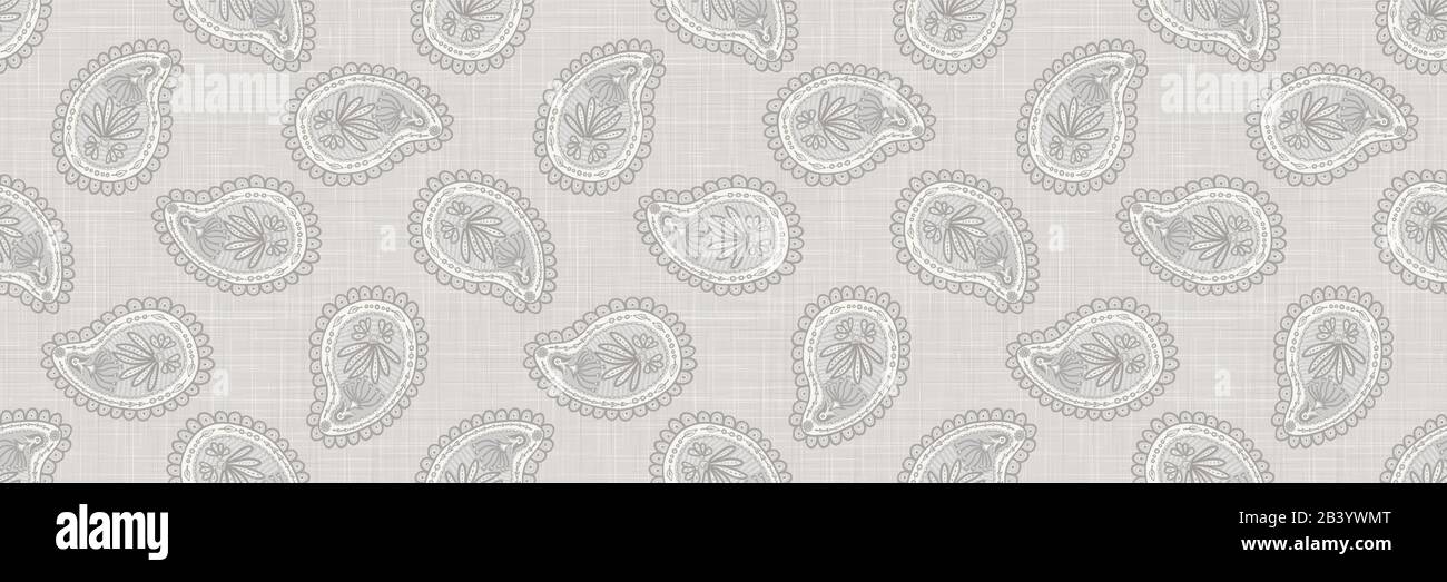 Gray Vector French Country Style Linen Texture Border Background Printed With Paisley Ogee Natural Ecru Fibre Indienne Seamless Banner Pattern Stock Vector Image Art Alamy