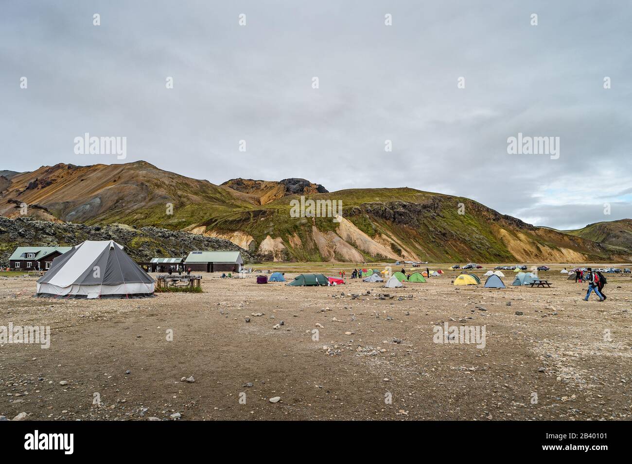 Camping site at colorful rainbow like rhyolite volcanic mountains Landmannalaugar, at Highlands in Iceland Stock Photo
