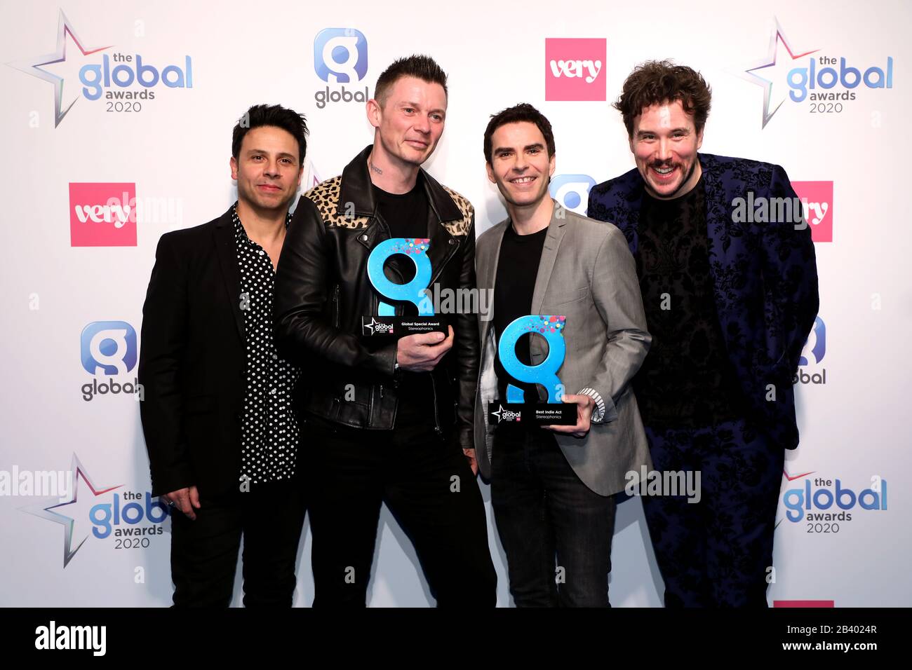 Adam Zindani, Richard Jones, Kelly Jones and Jamie Morrison of the Stereophonics winners of the Best Indie Act and Global Special Award at The Global Awards 2020 with Very.co.uk at London's Eventim Apollo Hammersmith. Stock Photo