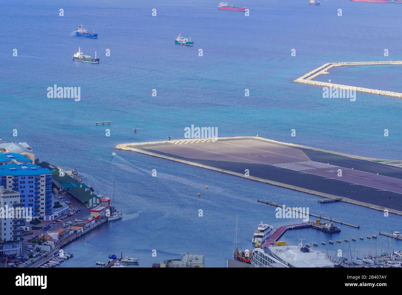 Gibraltar, UK - January 7, 2020: Runway for aircraft on the seashore Stock Photo