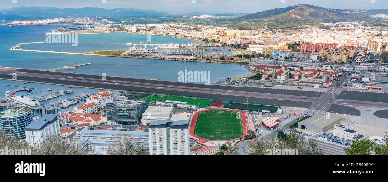 Gibraltar, UK - January 7, 2020: Runway for aircraft on the seashore Stock Photo