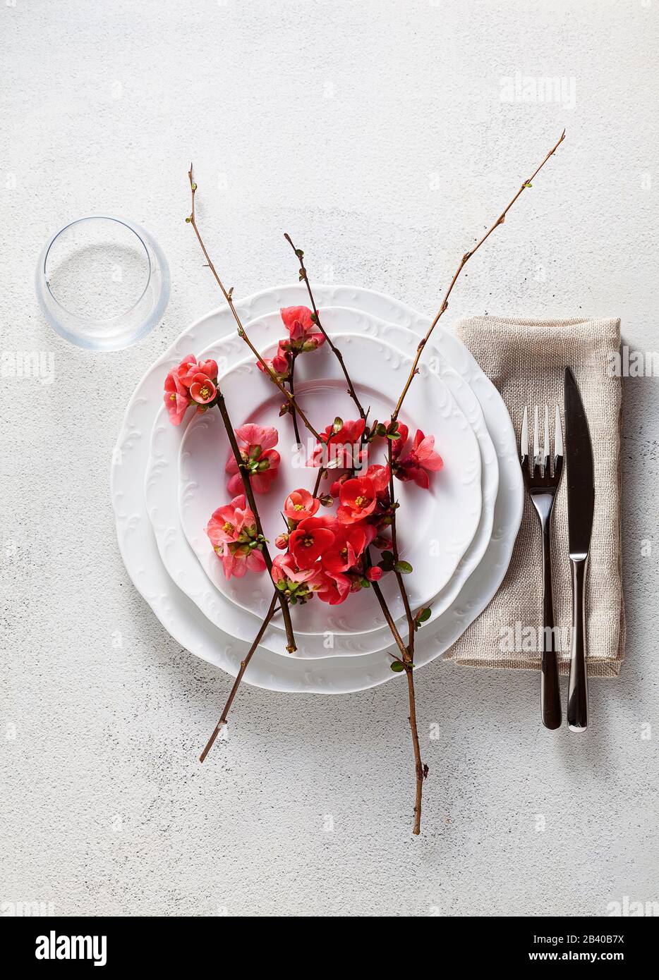 Spring table setting with flowering branches. empty plates. advertising. menu Stock Photo