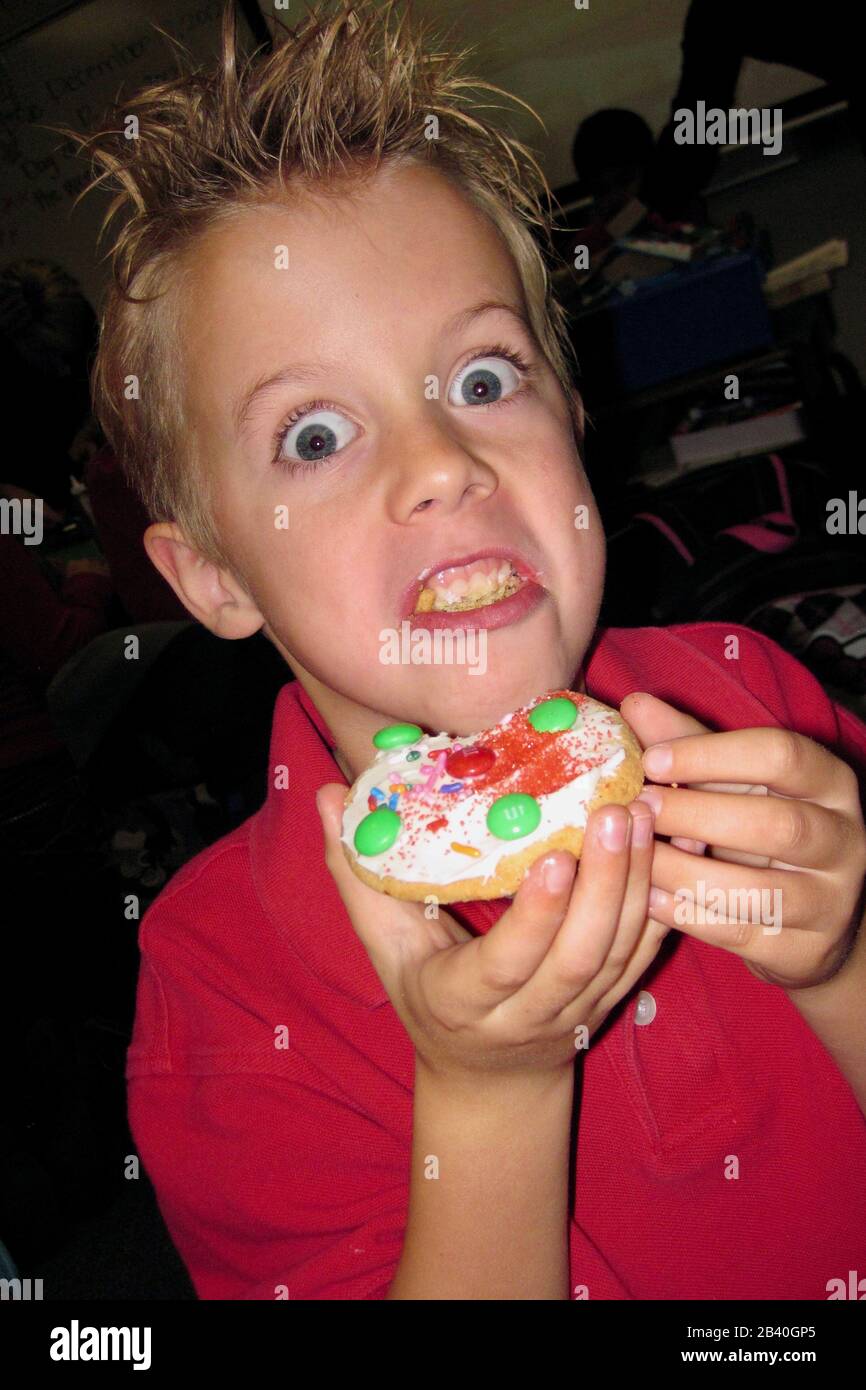 A young boy makes a crazy face of excitement before eating a cookie. Stock Photo